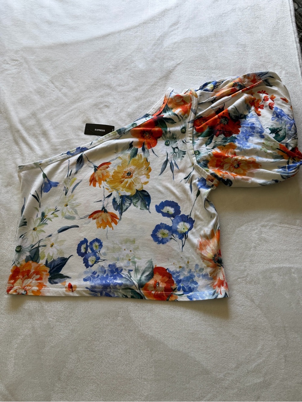 Express One-Shoulder Floral Puff-Sleeve Crop Top - White Multi